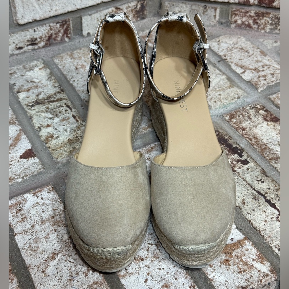 Nine West Beige Suede Platform Espadrille Wedges with Snakeskin Ankle Strap
